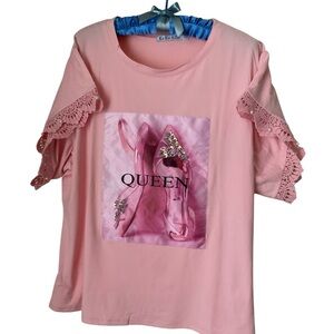 KoKo Ailis Pink T-Shirt Lace Sleeves and Graphic Design Plus Size embroidered